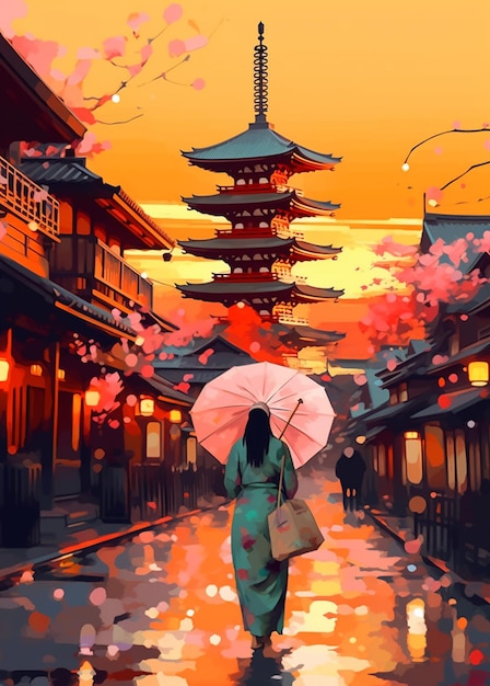 Painting of a woman walking down a street with an umbrella generative ai