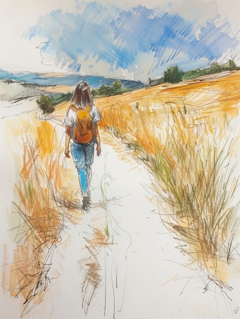 a painting of a woman walking in a field with a sky background