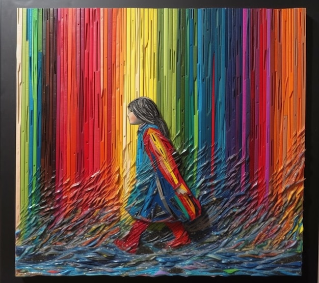 A painting of a woman walking in front of a rainbow.