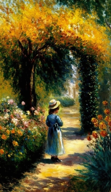 A painting of a woman walking in a garden