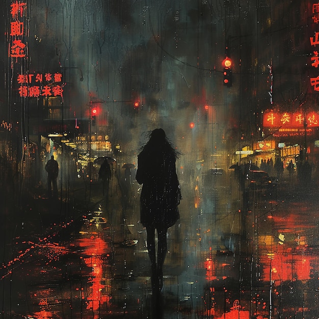 a painting of a woman walking in the rain with a red light on it