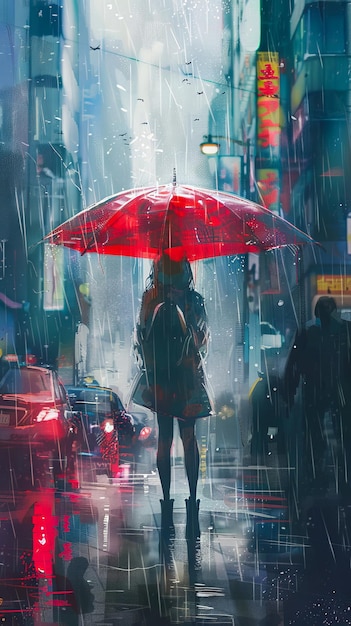 A painting of a woman walking in the rain with an umbrella