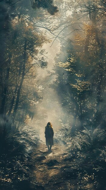 a painting of a woman walking in the woods