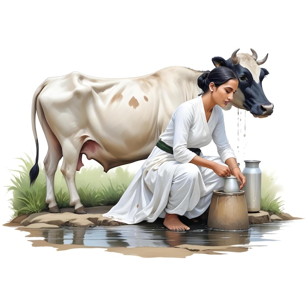 a painting of a woman washing a cow with water pouring out of it