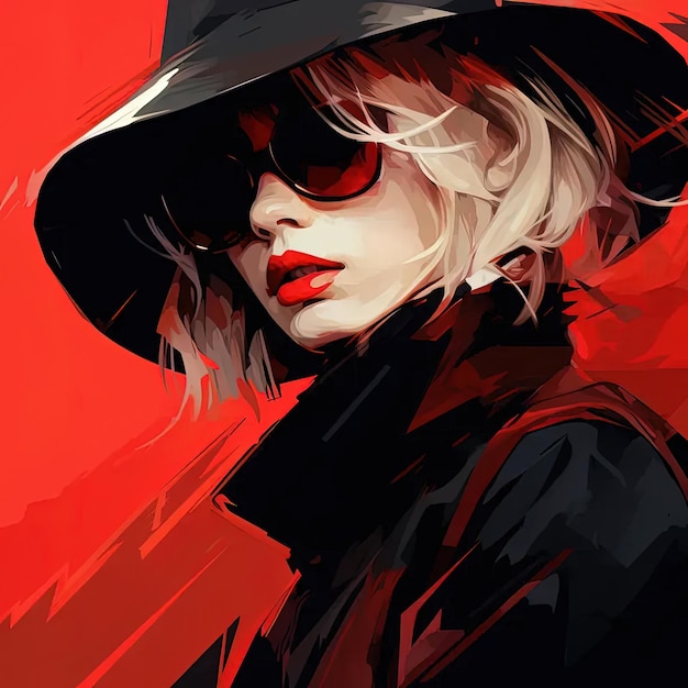 A painting of a woman wearing a hat and sunglasses