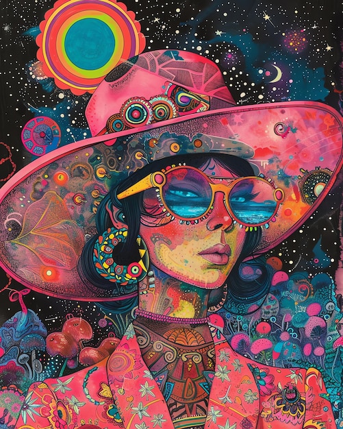 a painting of a woman wearing a pink hat and sunglasses with a pink hat and sunglasses