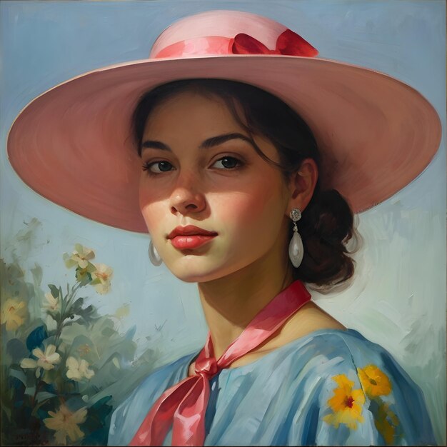 Photo a painting of a woman wearing a pink hat with a pink flower in the background