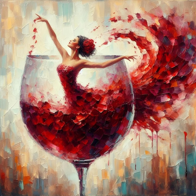 painting of a woman wearing a red dress dancing in a glass cup