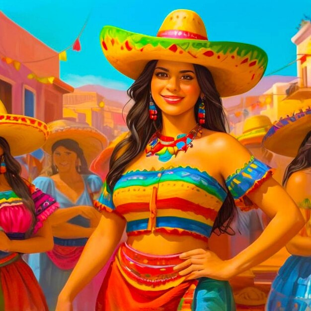 a painting of a woman wearing a sombrero with a colorful shirt