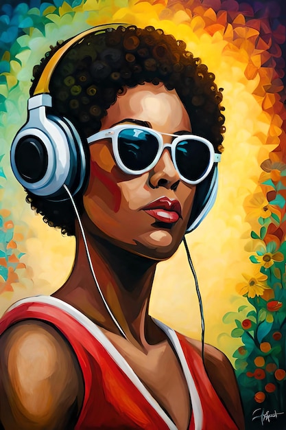 A painting of a woman wearing sunglasses and a red tank top with the word afro on it.