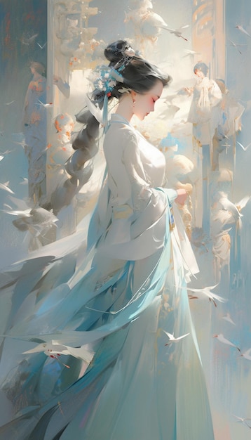 Painting of a woman in a white dress and blue dress with birds flying around her generative ai