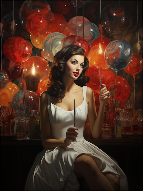 A painting of a woman in a white dress with balloons in front of a window with a lit candle.