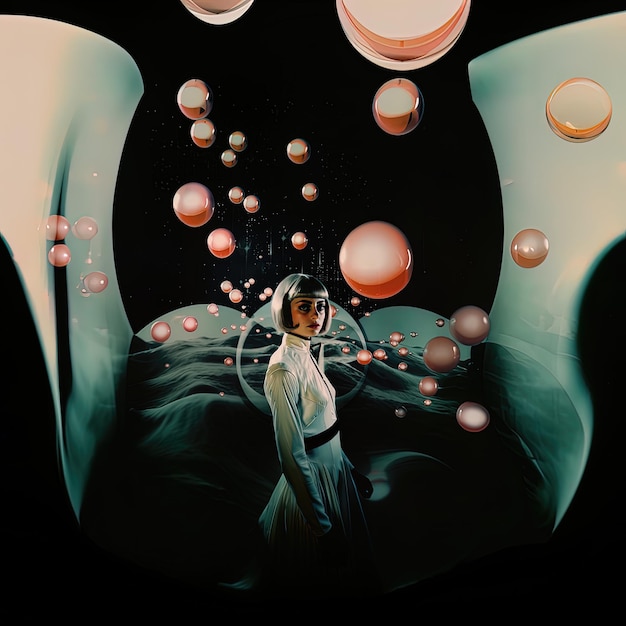 Photo a painting of a woman in a white dress with bubbles in the background.