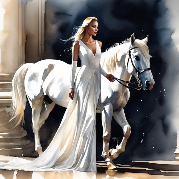 a painting of a woman in a white dress with a horse