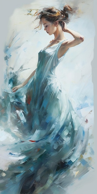 A painting of a woman in a white dress