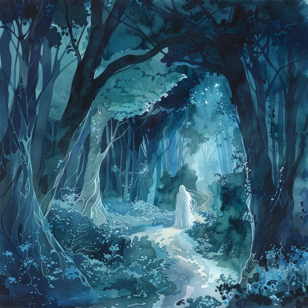 a painting of a woman in a white robe in a forest