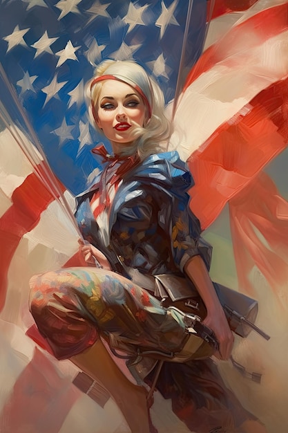 A painting of a woman with an American flag on her back for American Independence Day