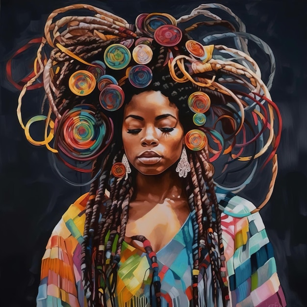 A painting of a woman with big dreadlocks and a colorful shirt