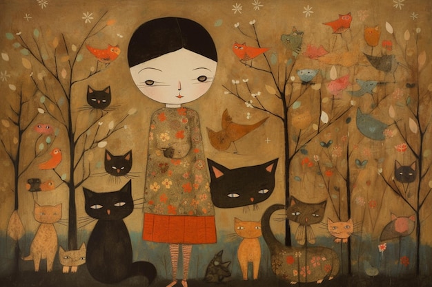 A painting of a woman with black cats and birds.