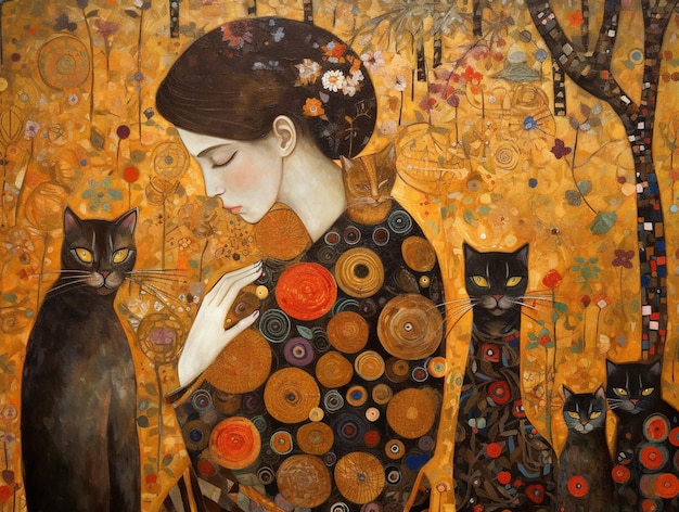 A painting of a woman with black cats on it