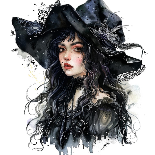 painting of a woman with a black hat and long hair generative ai