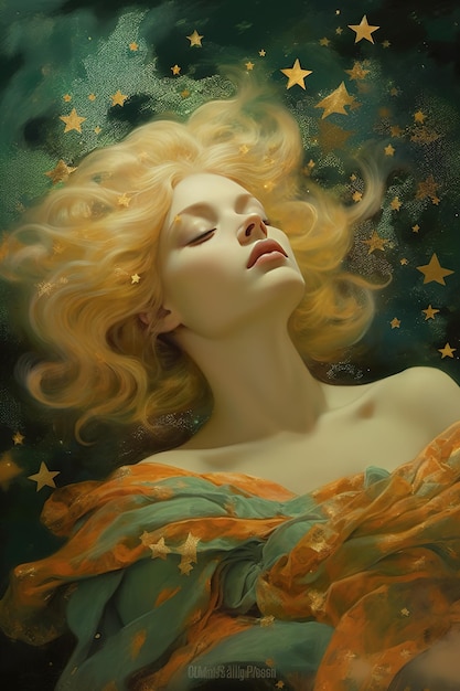 A painting of a woman with blonde hair and a blue dress with stars on it.