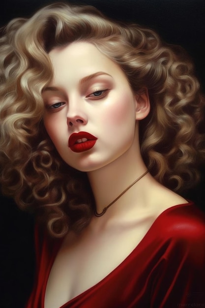 A painting of a woman with blonde hair and red lips.