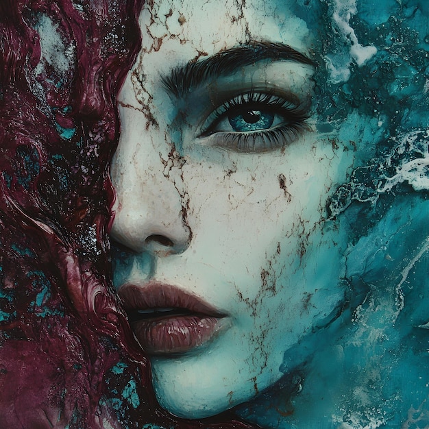 Photo a painting of a woman with a blue and green water background