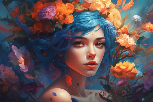 A painting of a woman with blue hair and flowers on her head