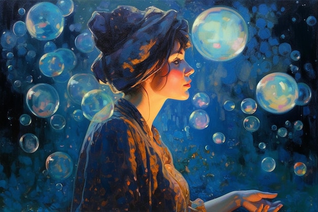 A painting of a woman with bubbles in the background