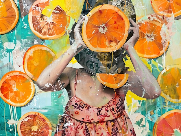 Photo a painting of a woman with a bunch of oranges on her face