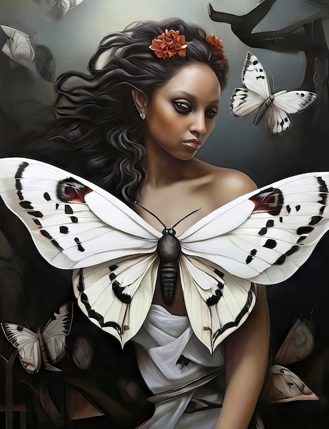 a painting of a woman with butterflies and butterflies