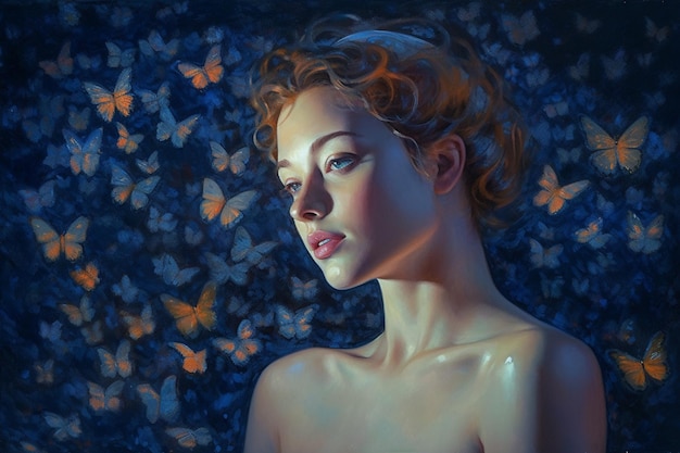 A painting of a woman with butterflies on her chest