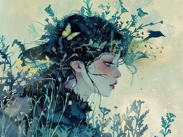 a painting of a woman with a butterfly on her head