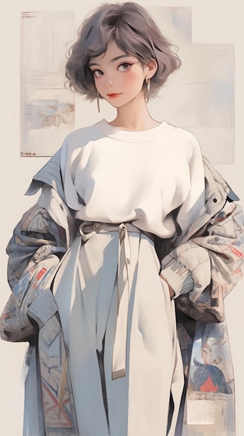 painting of a woman with a coat and a white shirt generative ai