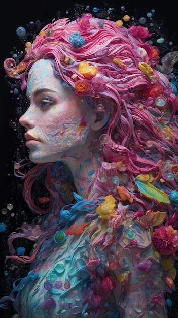 A painting of a woman with colorful hair and a pink head with a bunch of colorful feathers on it.