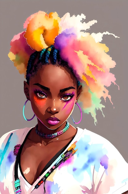 A painting of a woman with colorful hair and a rainbow hair style.