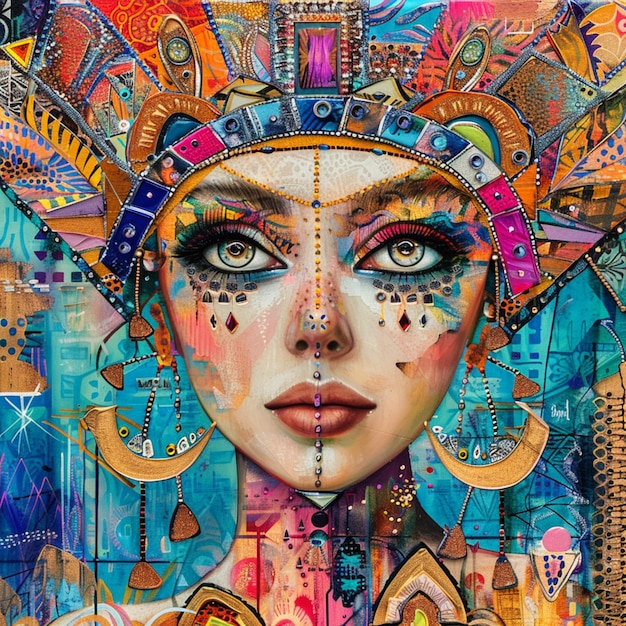 painting of a woman with a colorful headdress and a lot of colorful designs generative ai