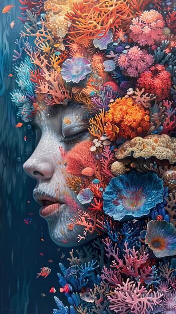 Photo a painting of a woman with corals and corals