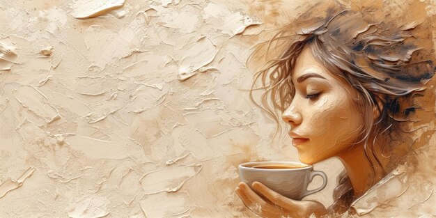 Painting of woman with cup of coffee on cream background