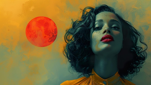 Photo a painting of a woman with dark hair and red lips is shown with a yellow moon in the background