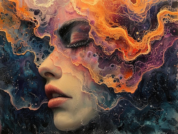 a painting of a woman with the face painted with the colors of the universe