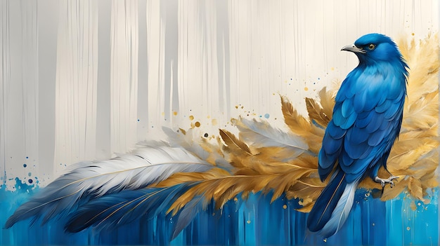 a painting of a woman with feathers in the foreground and a blue bird in the background