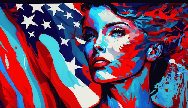 A painting of a woman with the flag of the united states of america.