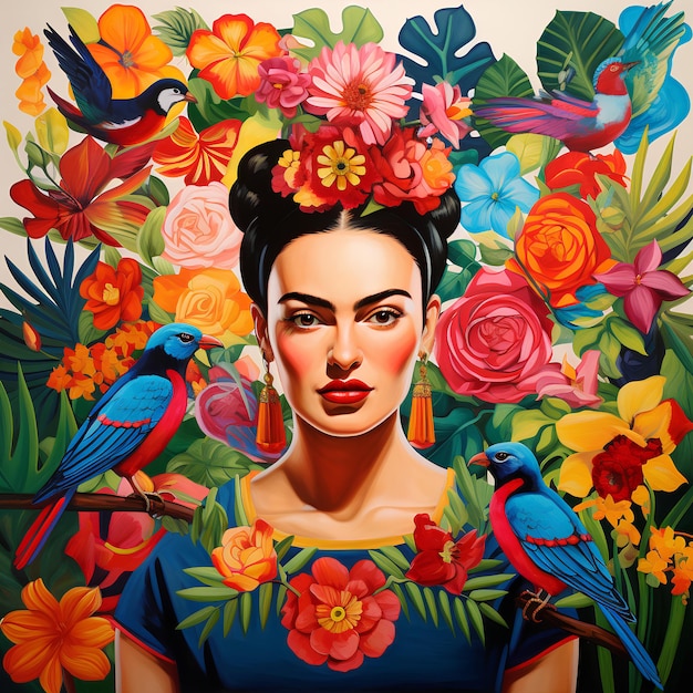 Photo a painting of a woman with flowers and birds