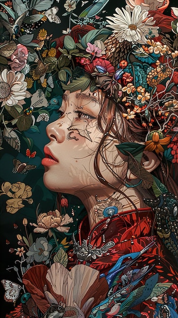 a painting of a woman with flowers and butterflies