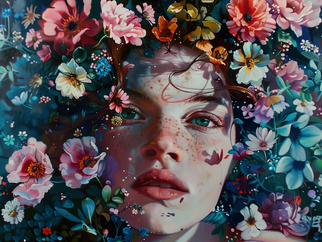 a painting of a woman with flowers on her face