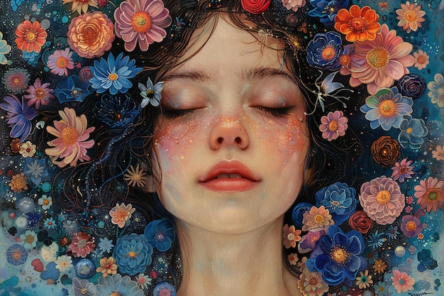 Photo a painting of a woman with flowers on her face