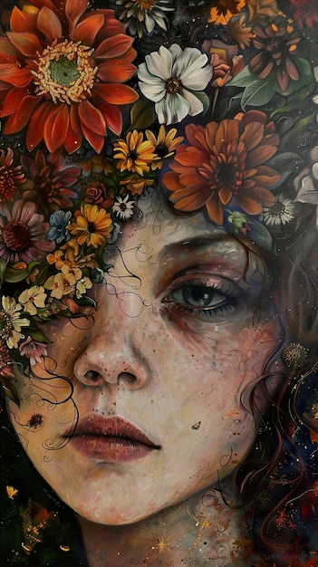 a painting of a woman with flowers on her face