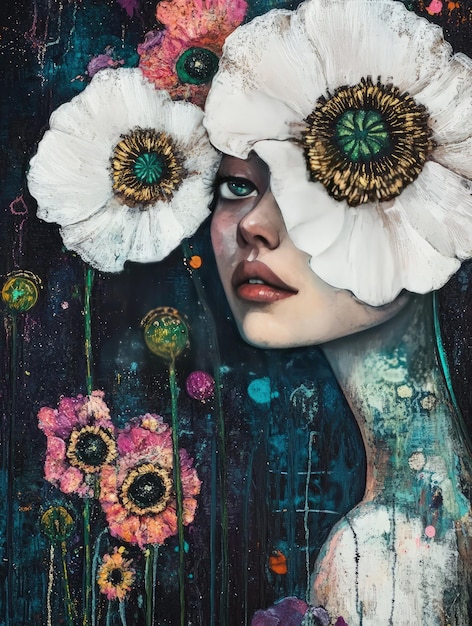 Photo a painting of a woman with flowers in her hair and a hat with the words  poppies  on it